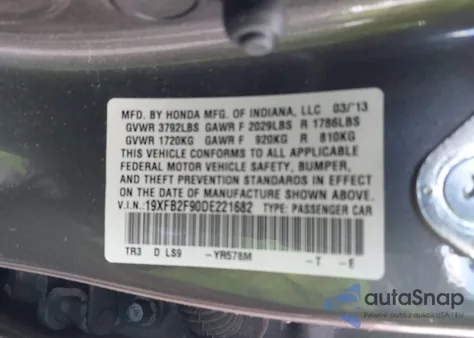 2013 Honda Civic Ex-L from USA, damaged, VIN 19XFB2F90DE221682